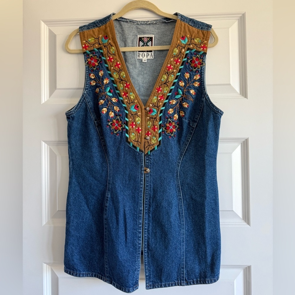 Vintage ROPA Embroidered Denim Vest Womens Medium Boho Western Floral 90s